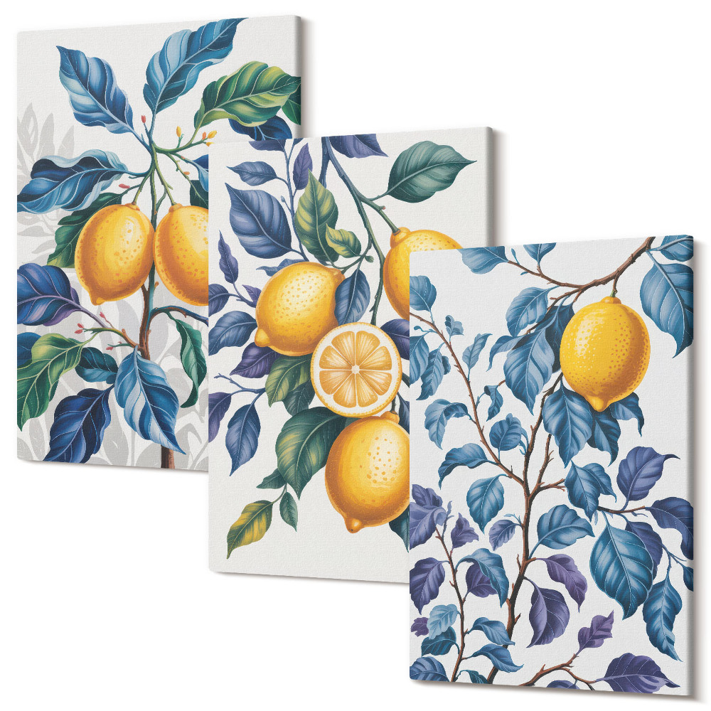 Falikép szett triptichon Citrom ágak kék levelekkel