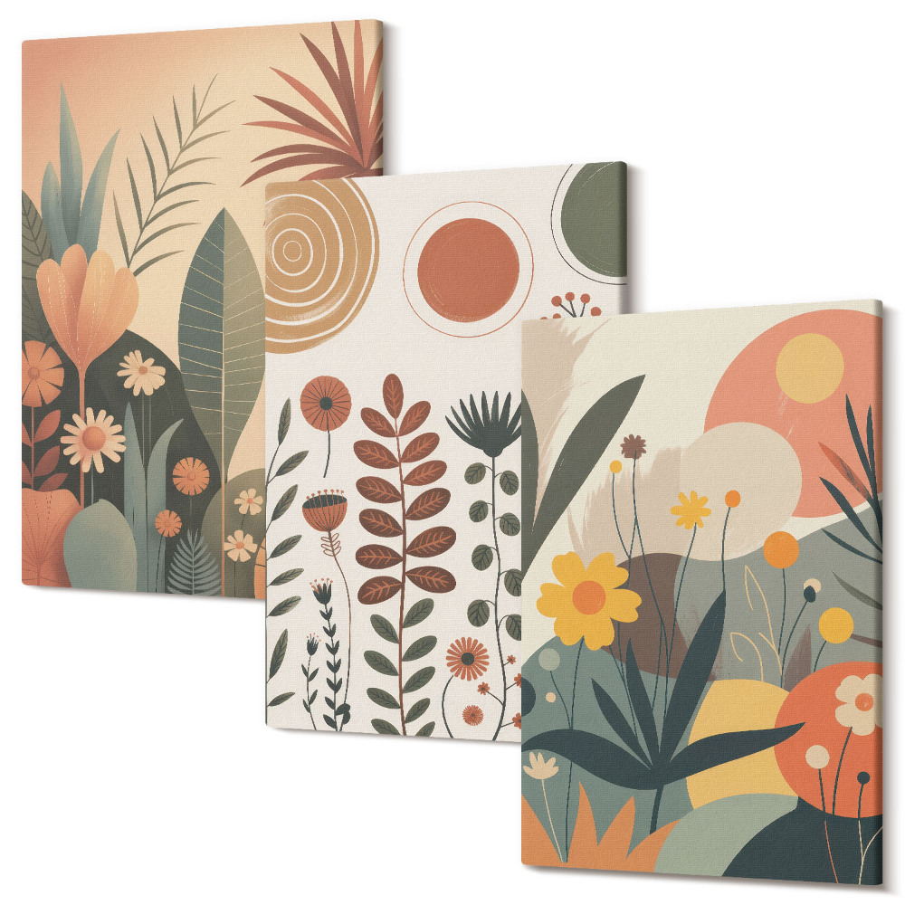 Kép szett triptichon Boho növényi minták meleg árnyalatokban, természetes hangulattal