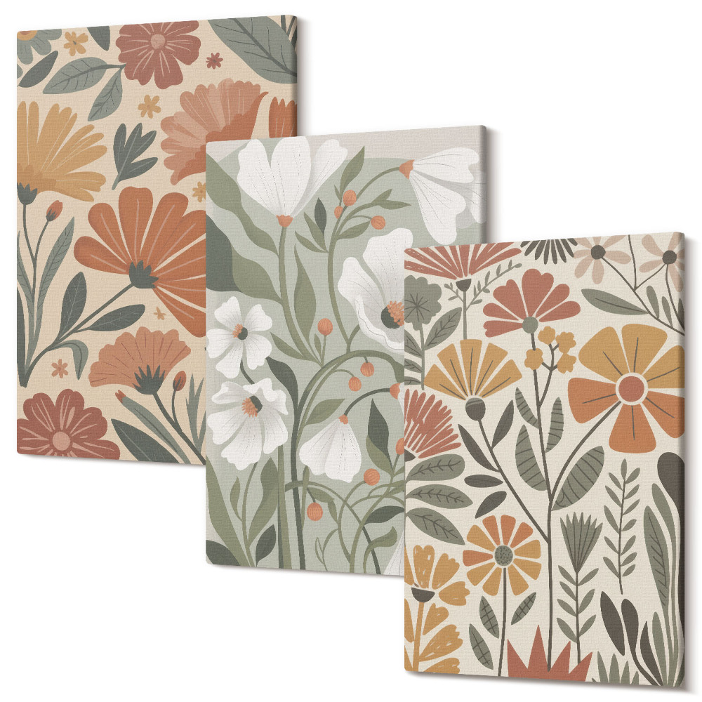 Háromrészes vászonkép szett Virágminták narancssárga és zöld árnyalatokban