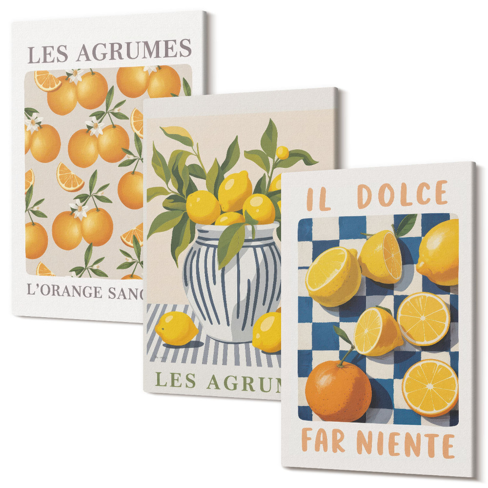 Kép szett triptichon Retro citrusfélék sárga árnyalatokkal