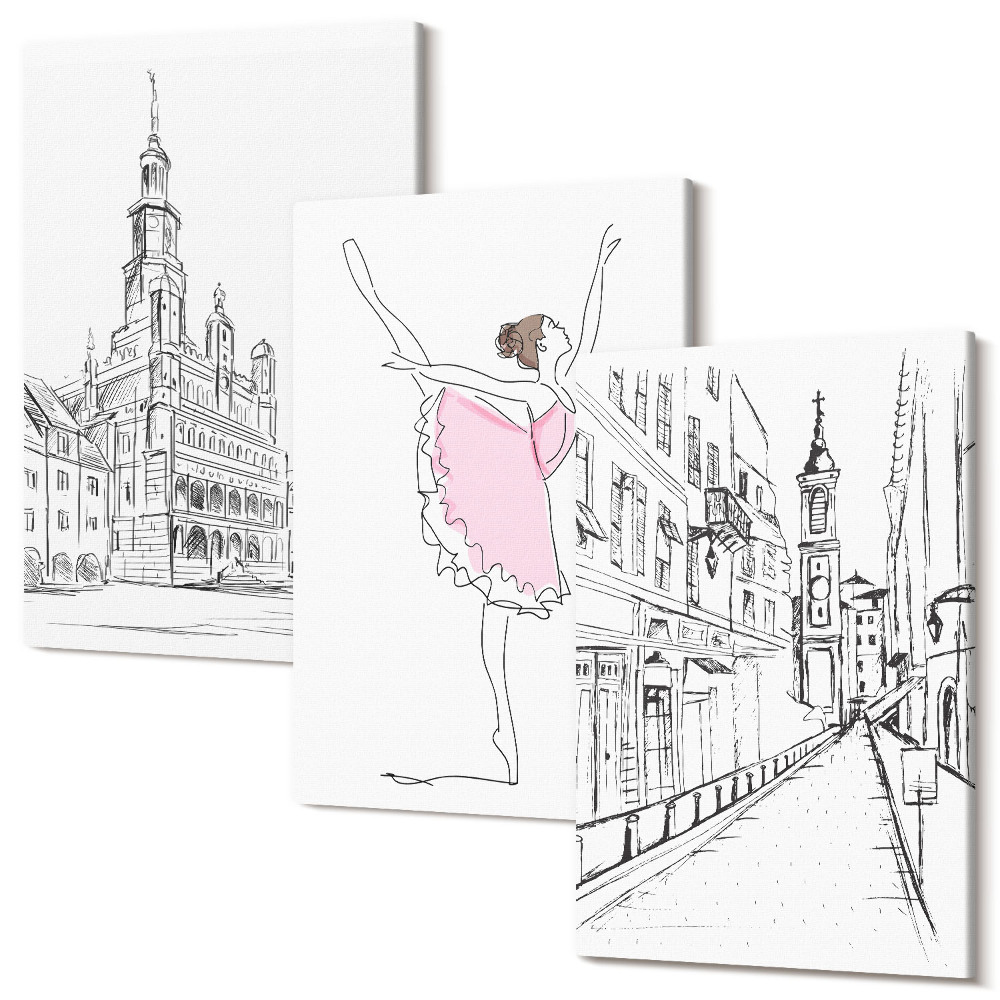 Falikép szett triptichon Stílusos képek táncoló balerinákról és építészetről