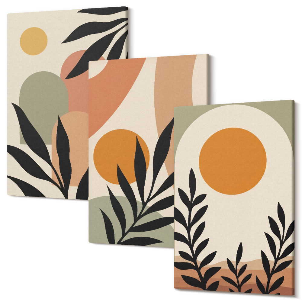 Falikép szett triptichon Absztrakt formák és növényi motívumok meleg színekben
