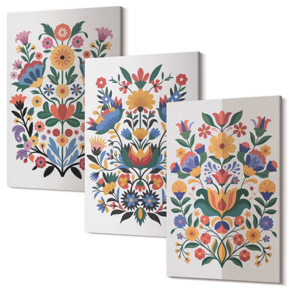Falikép szett triptichon Virágminták intenzív színekben, fehér alapon