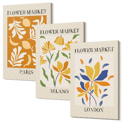 Háromrészes vászonkép szett Virágos plakátok Párizs Milánó London
