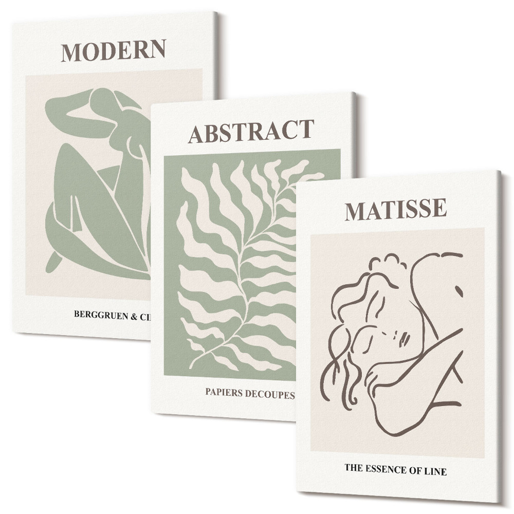 Kép szett triptichon Stílusos, zöld árnyalatú festmények figurákkal és levelekkel