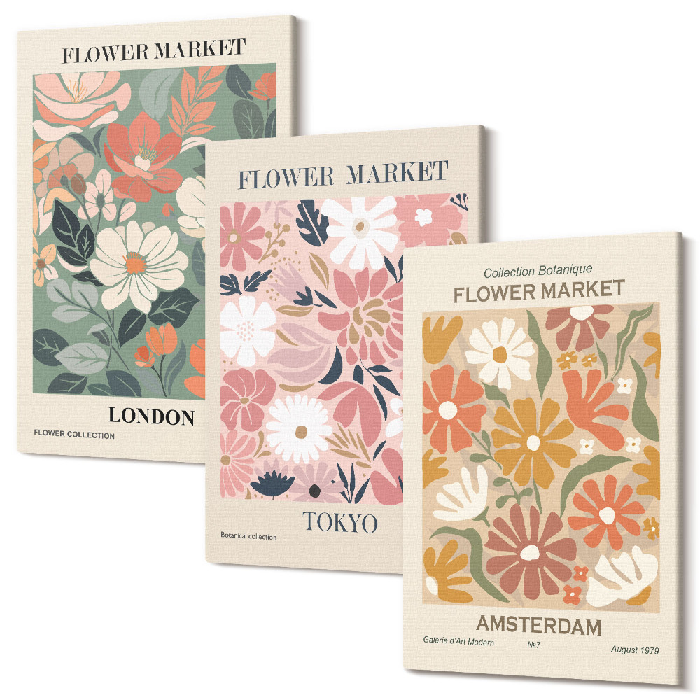 Kép szett triptichon Virágmintás London Tokió és Amszterdam plakátok