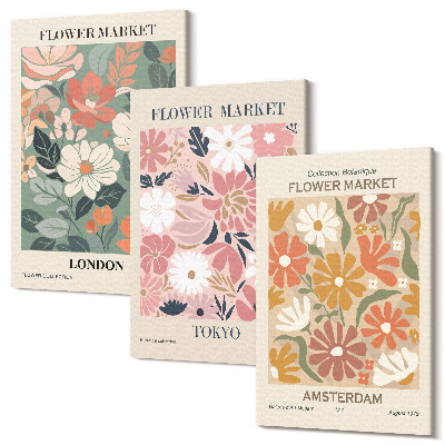 Kép szett triptichon Virágmintás London Tokió és Amszterdam plakátok