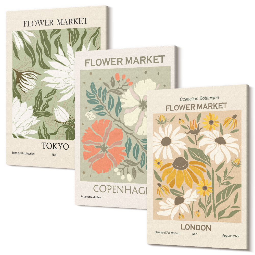 Háromrészes vászonkép szett Virágmotívumok a világ különböző városaiból