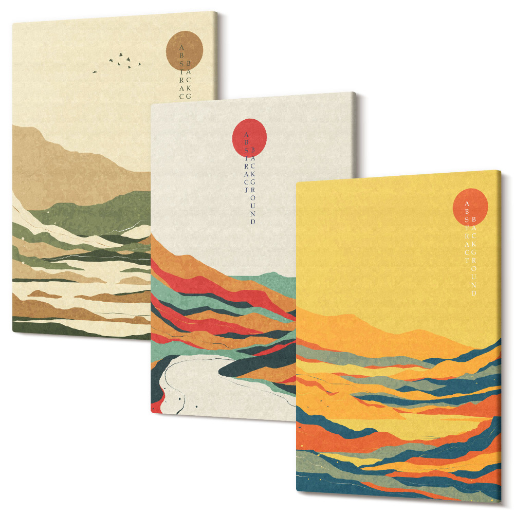 Falikép szett triptichon Hegyek és folyók színes mintái Japandi stílusban