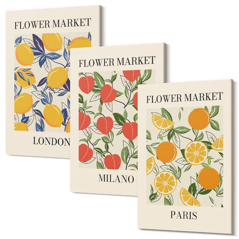 Háromrészes vászonkép szett Virágos plakátok Londonban, Milánóban és Párizsban