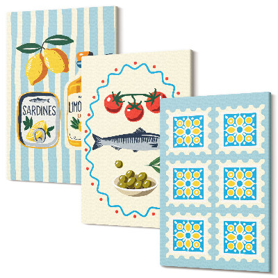 Falikép szett triptichon Mediterrán stílusú konyhai illusztrációk
