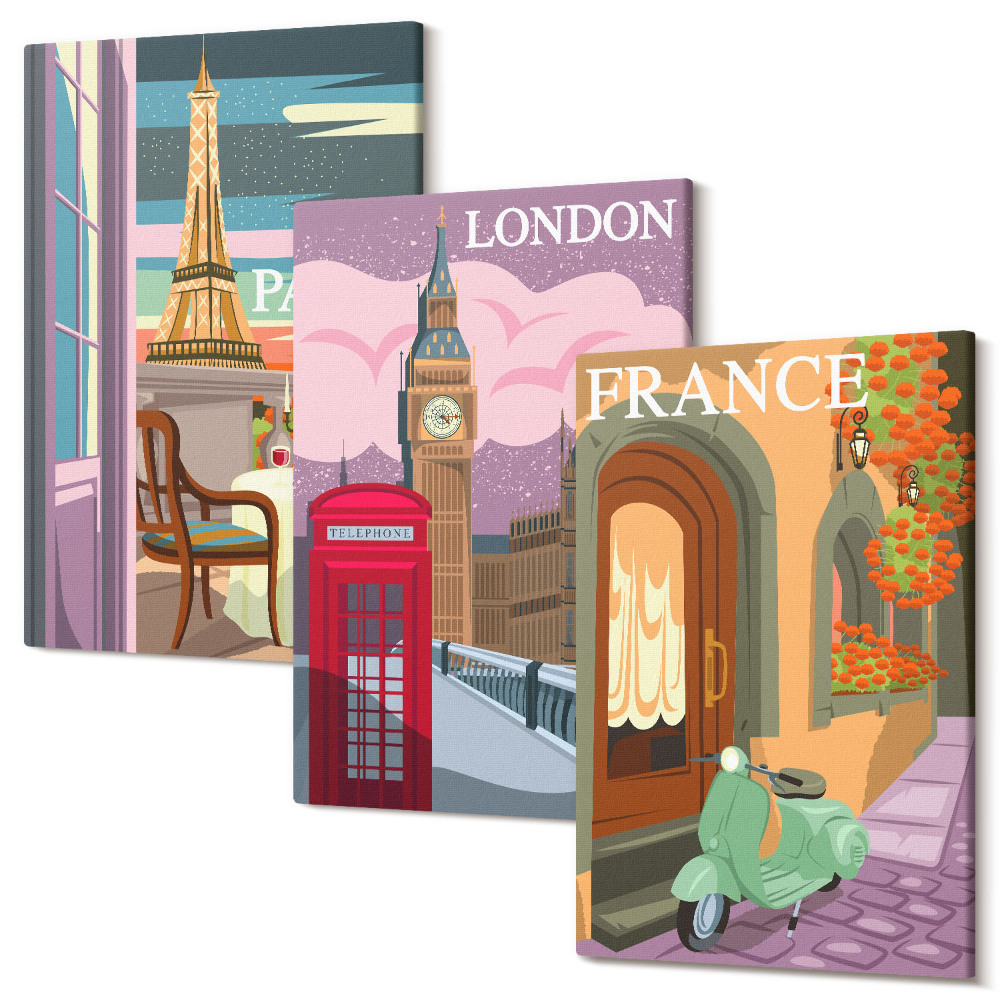Háromrészes vászonkép szett Párizs, London és Franciaország retro városképei