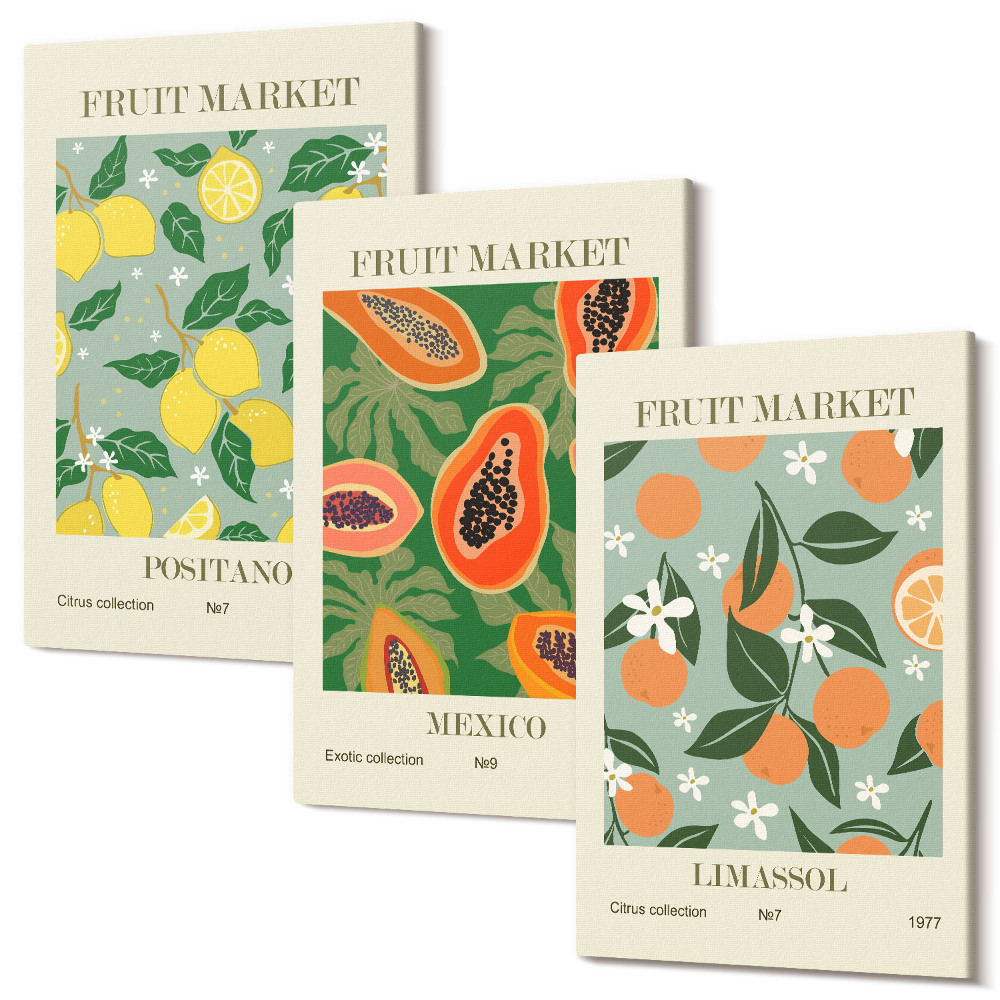 Háromrészes vászonkép szett Gyümölcs plakátok citrom papaya mandarin virágok