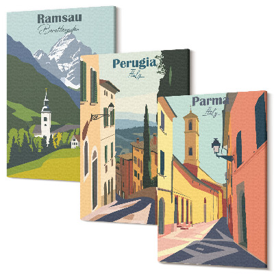 Háromrészes vászonkép szett Olasz városok hegyi tájai és utcái