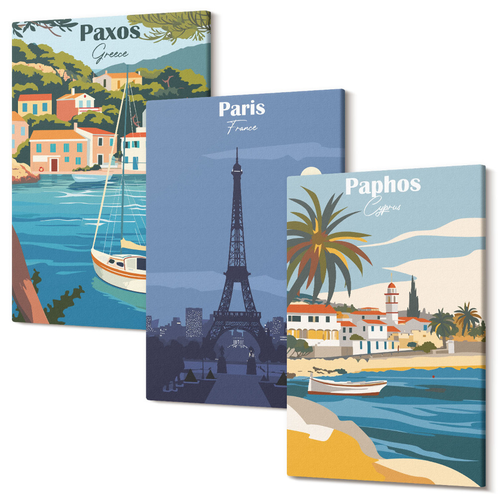 Falikép szett triptichon Tengerparti városok és építészetük kilátásai