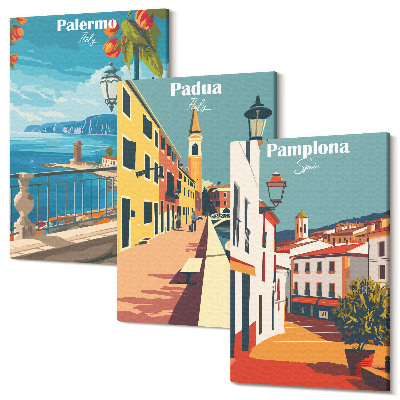 Kép szett triptichon Népszerű városok retro illusztrációs stílusban