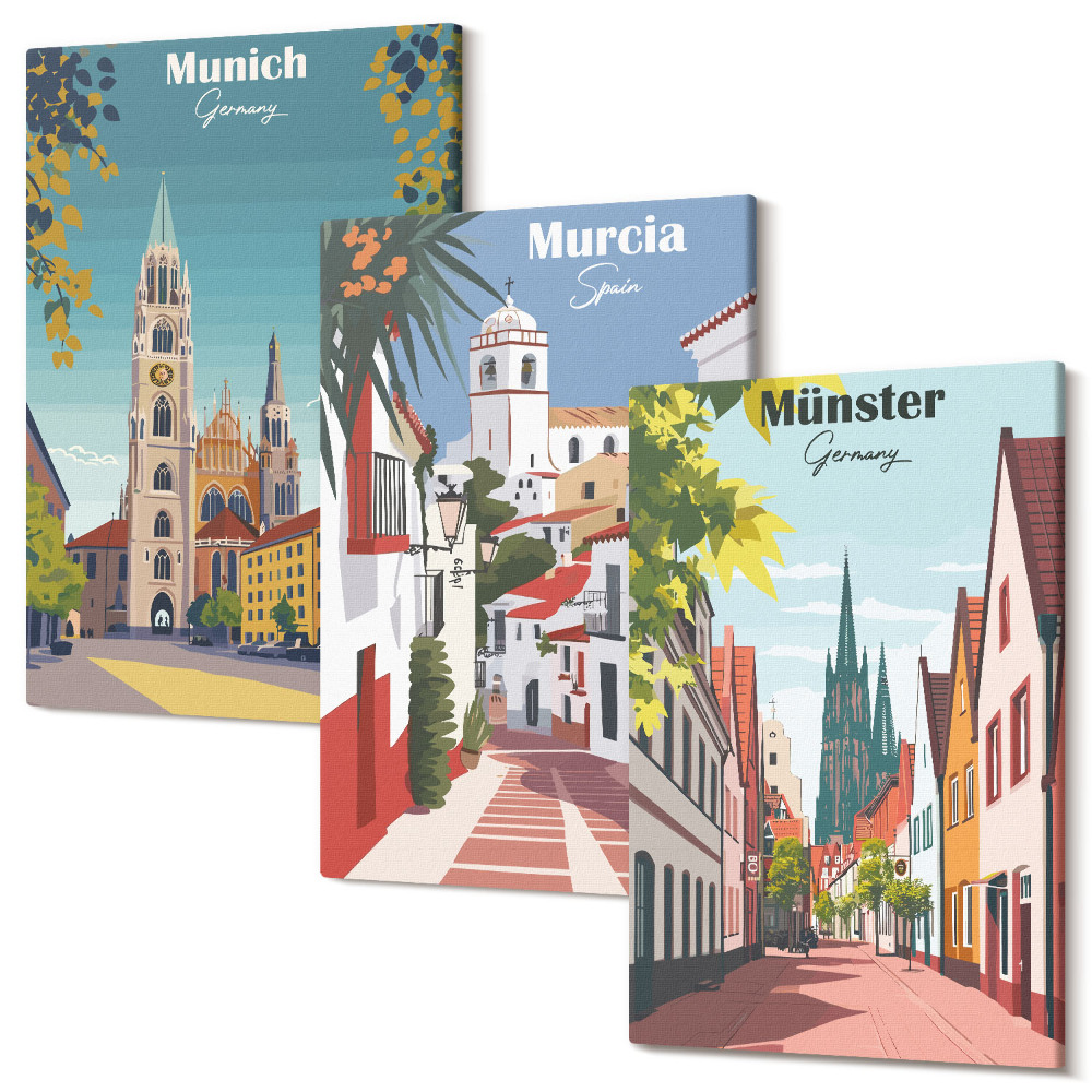 Háromrészes vászonkép szett Európai városok színes illusztrációkkal