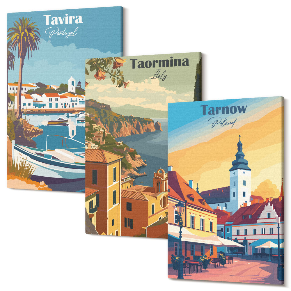 Falikép szett triptichon Tengerparti városok és építészetük kilátásai