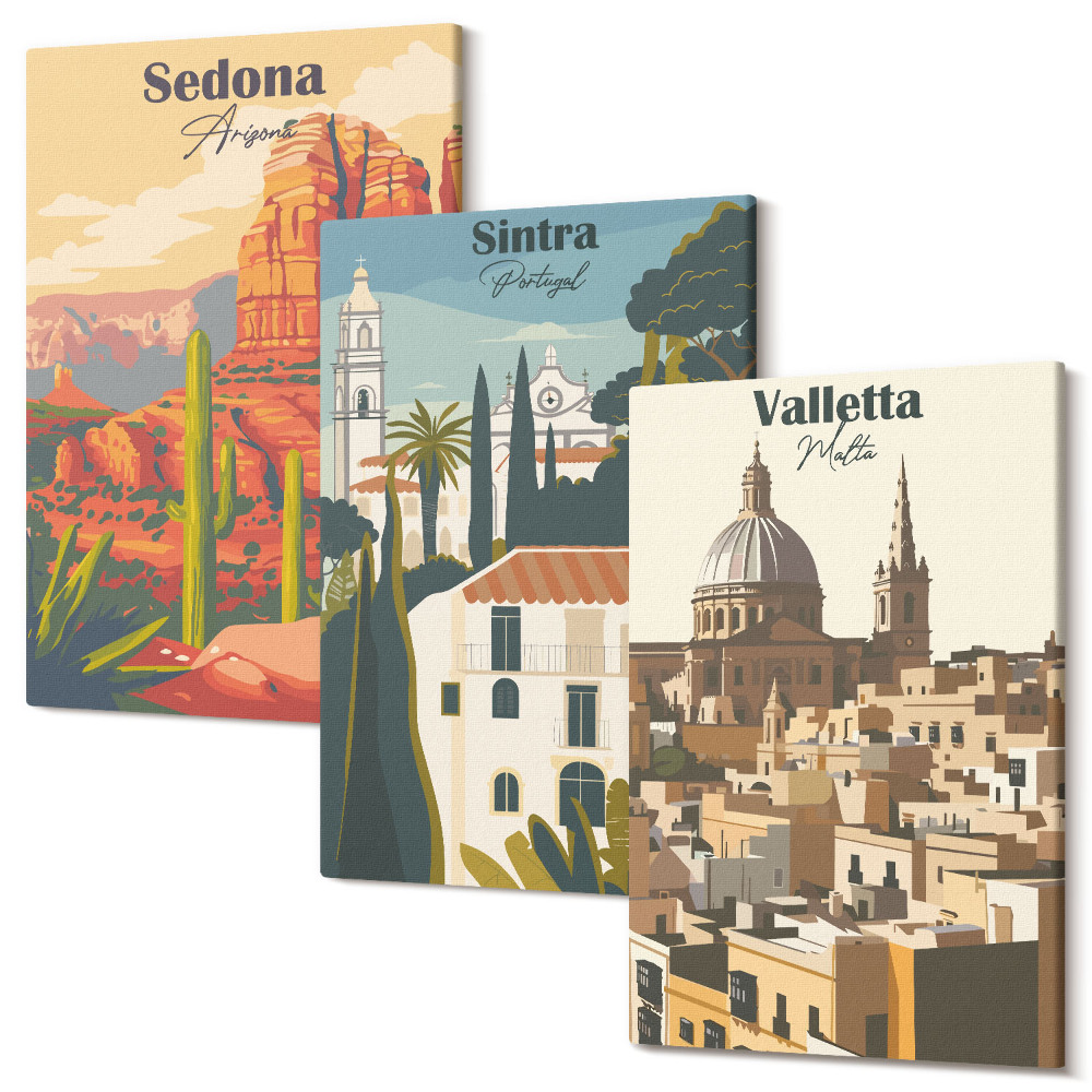 Háromrészes vászonkép szett Sedona Sintra Valletta retro városképei