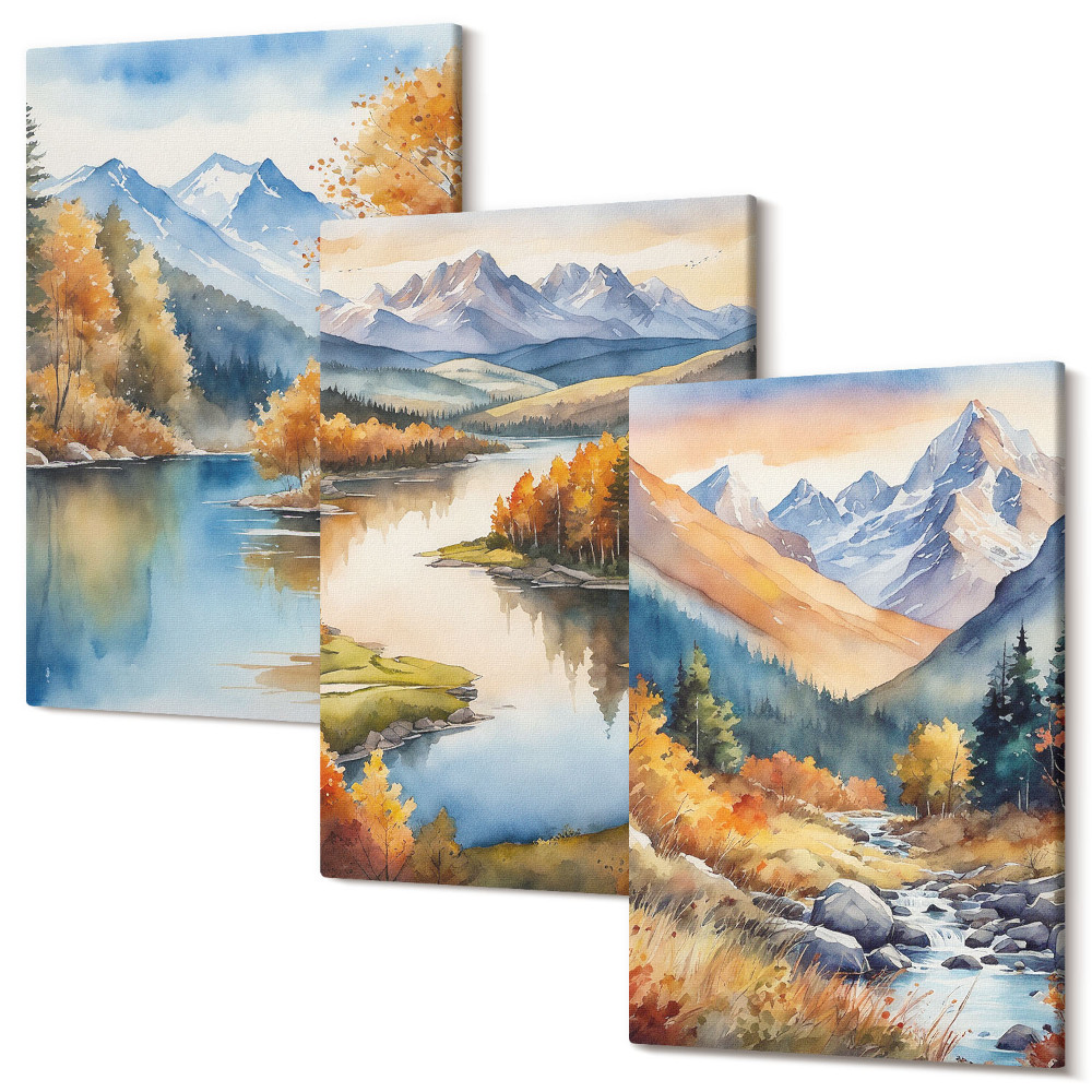 Falikép szett triptichon Kilátás a hegyekre, folyóval és őszi fákkal
