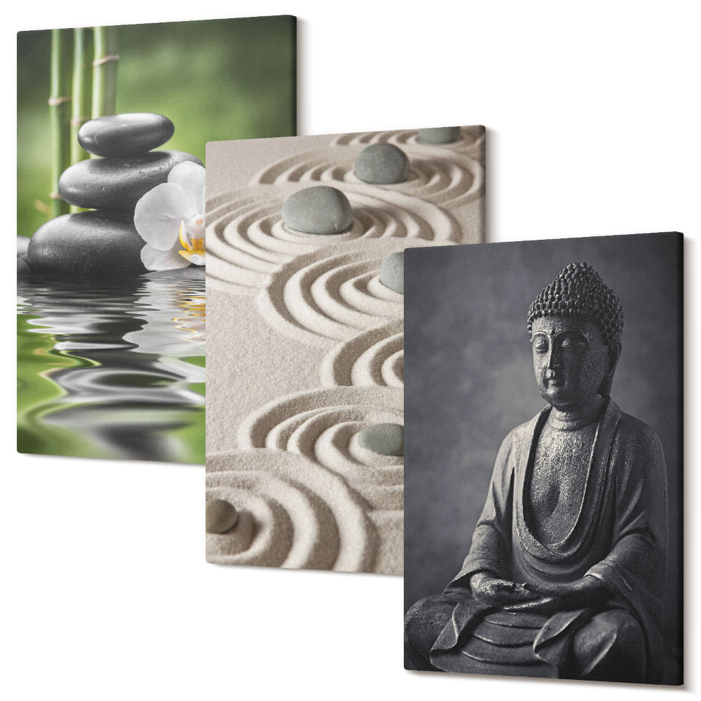 Háromrészes vászonkép szett Pihentető kilátás Buddhára, kövekre a tengerparton és bambuszra