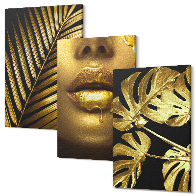 Háromrészes vászonkép szett Pálma levelek női arc monstera levelek