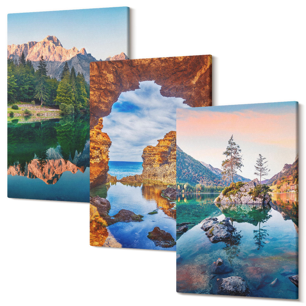 Háromrészes vászonkép szett Hegyi tavak tükröződésekkel a vízben és a sziklákban