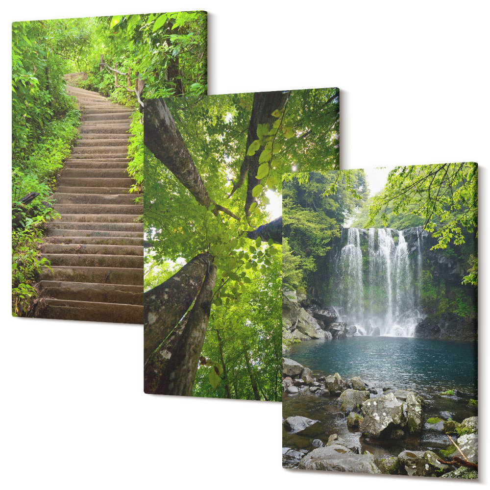Falikép szett triptichon Erdei ösvény vízeséssel és zöld növényzettel