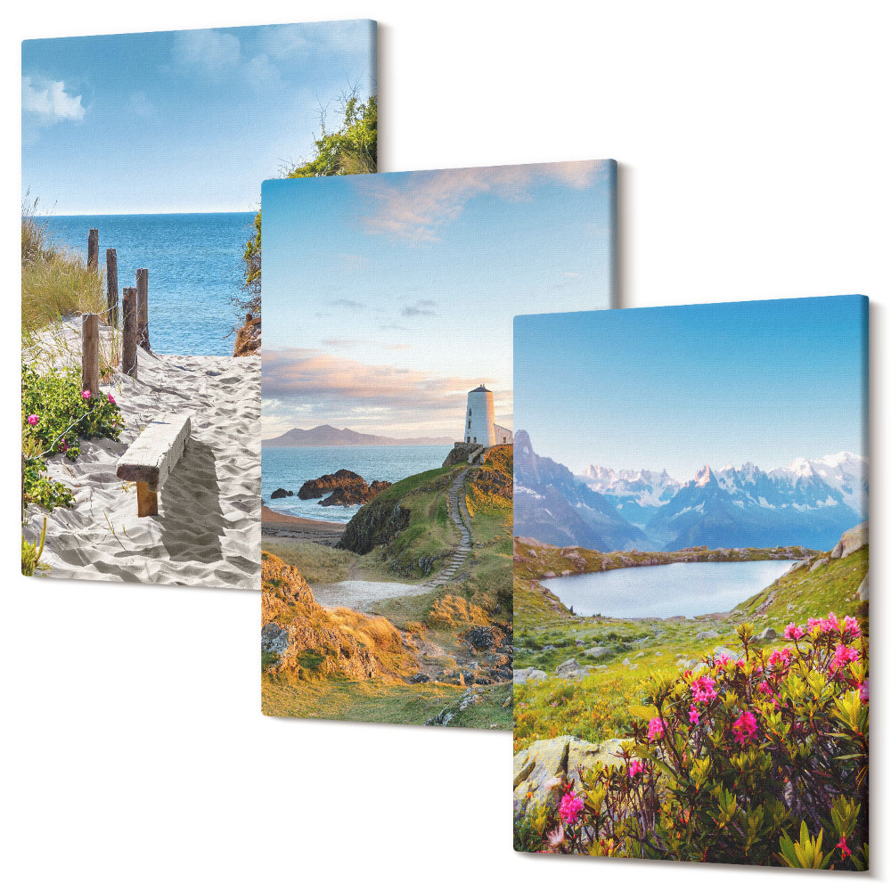 Kép szett triptichon Kilátás a világítótorony strandjára, a hegyekre és a virágokra