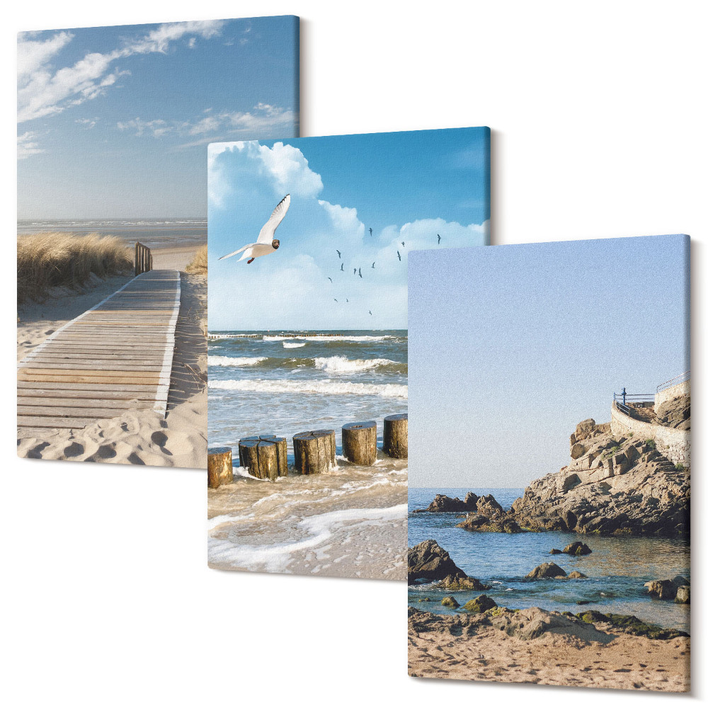 Háromrészes vászonkép szett Strand faúttal, tengerrel és tengerparti sziklákkal