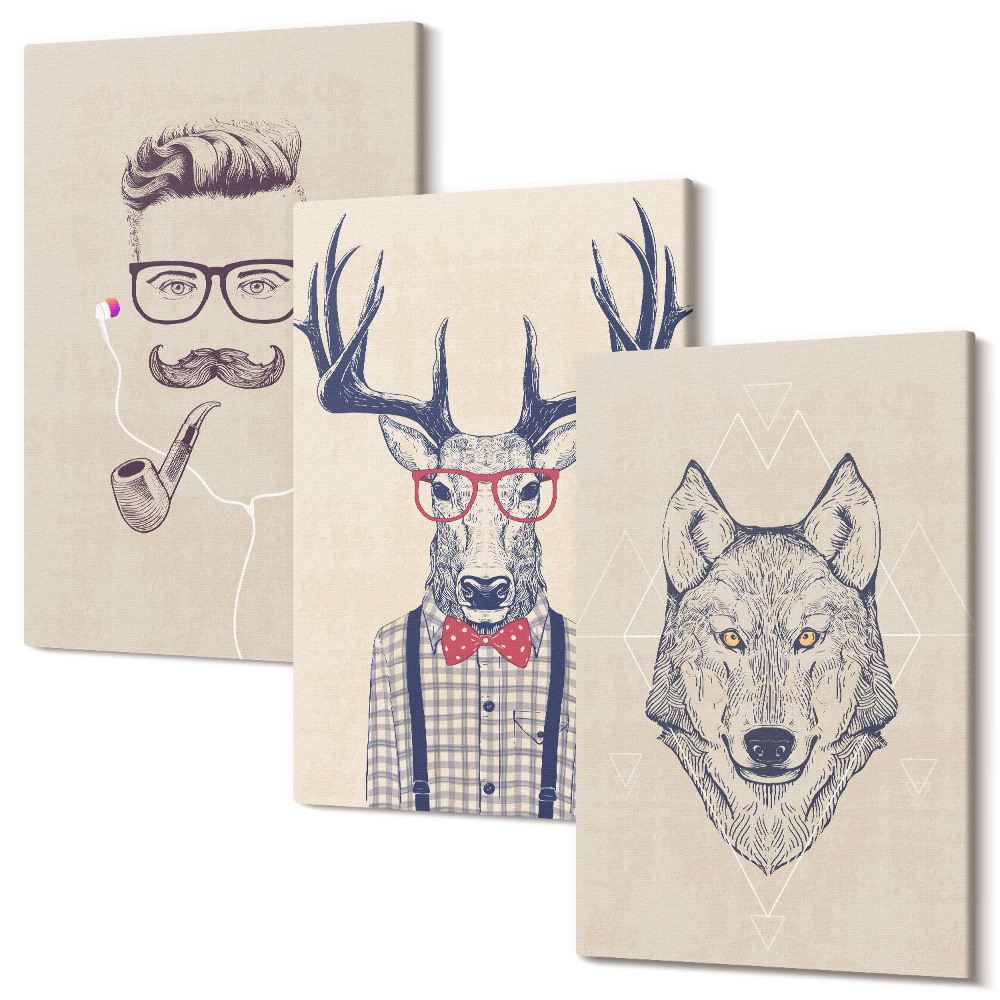 Falikép szett triptichon Stílusos portrék állatokról és férfiakról