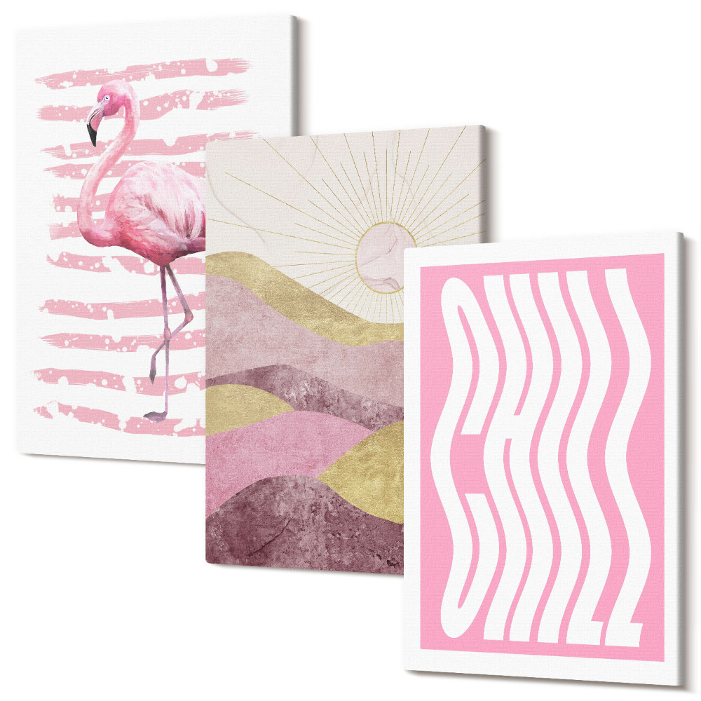 Háromrészes vászonkép szett Rózsaszín flamingók pasztell hegyi táj Chill betűkkel