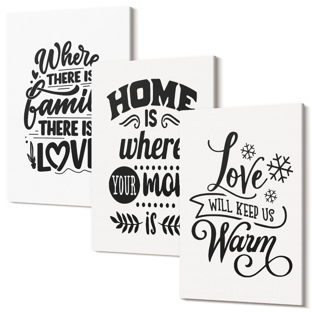 Háromrészes vászonkép szett Család, szerelem, otthon, melegség egyszerű szlogenekben