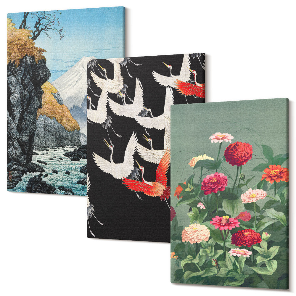 Kép szett triptichon Hegyek vízeséssel, repülő madarak és színes virágok