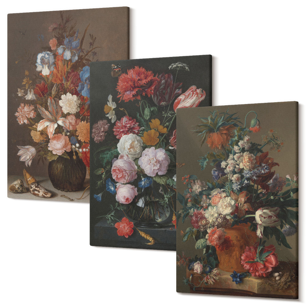 Háromrészes vászonkép szett Virágok vázában, különféle vintage növényi kompozíciók