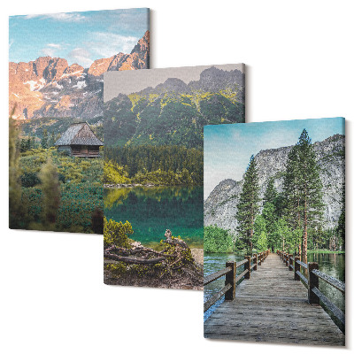 Háromrészes vászonkép szett Hegyi tájak tóval és fa mólóval