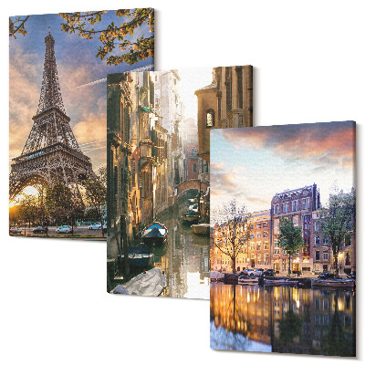 Kép szett triptichon Az Eiffel-torony, a velencei csatornák és Amszterdam utcái