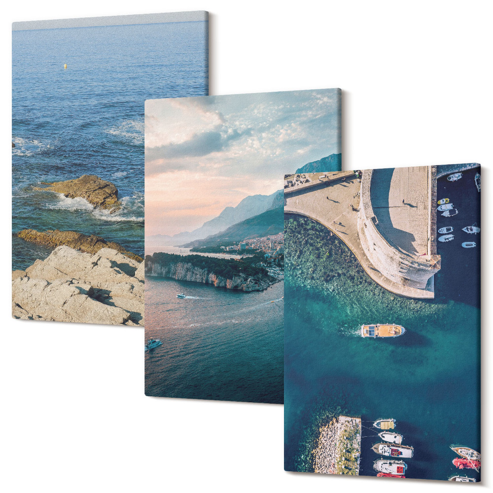 Falikép szett triptichon Tengerre néző kilátás sziklákkal és hegyi kikötőkkel