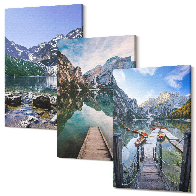 Háromrészes vászonkép szett Hegyek, tavak és fahidak a víz felett
