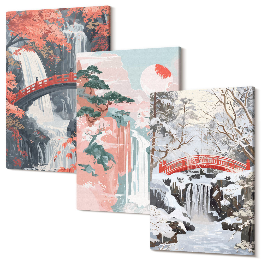 Háromrészes vászonkép szett Vízesések különböző évszakokban hidakkal és fákkal