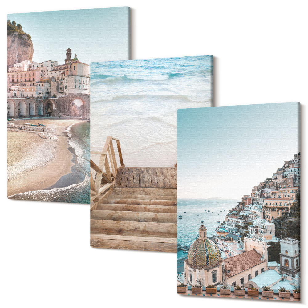 Falikép szett triptichon Nyári pasztell kilátás a tengerparti építészettel és a stranddal