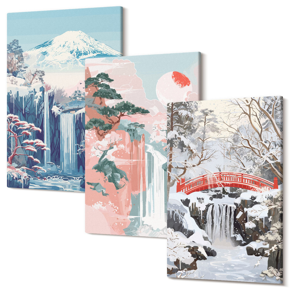 Kép szett triptichon Hegyi tájak és vízesések különböző évszakokban