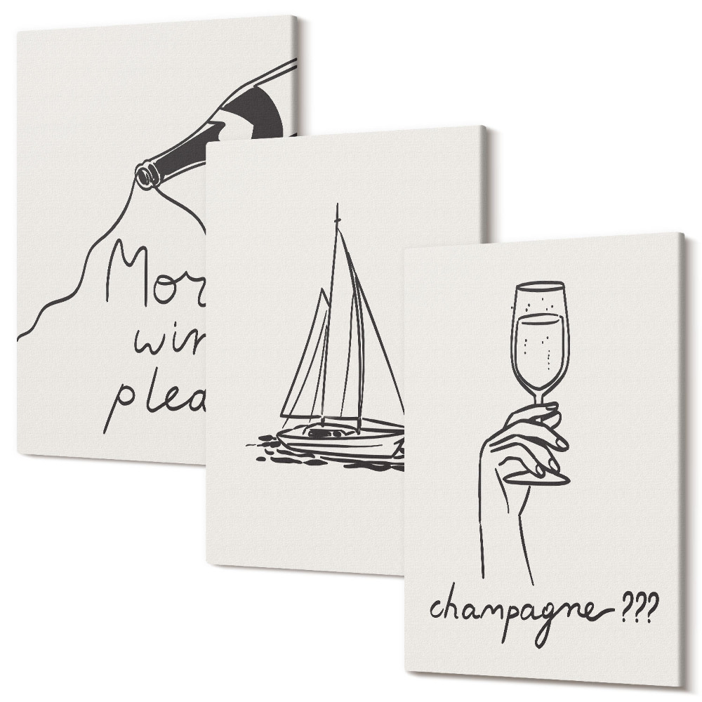 Háromrészes vászonkép szett Boros vitorlás pezsgőspohár lineáris stílusban