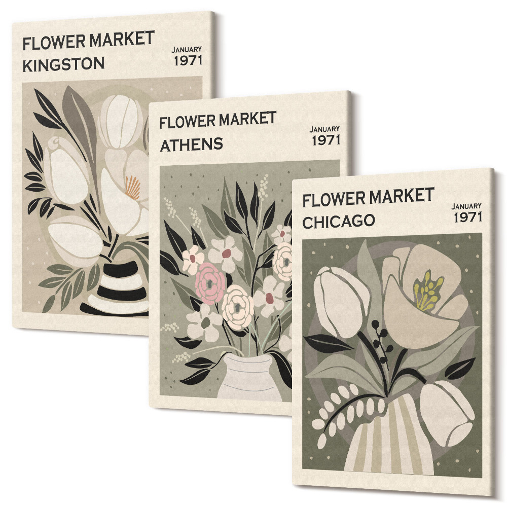 Háromrészes vászonkép szett Retro stílusú virágdíszek különböző városokból