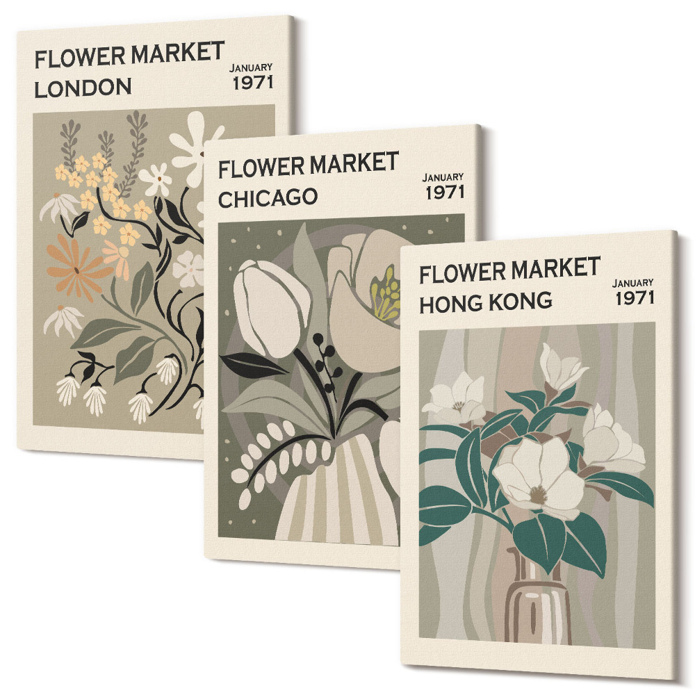 Falikép szett triptichon Virágpiacok Londonban, Chicagóban és Hong Kongban