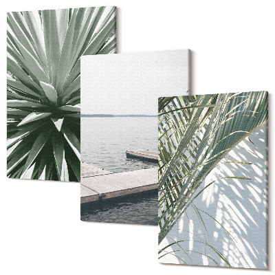 Kép szett triptichon Pálma levelek növény és a fából készült híd