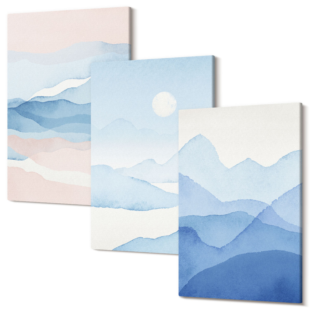 Falikép szett triptichon Kék és rózsaszín hegyi tájak akvarellben