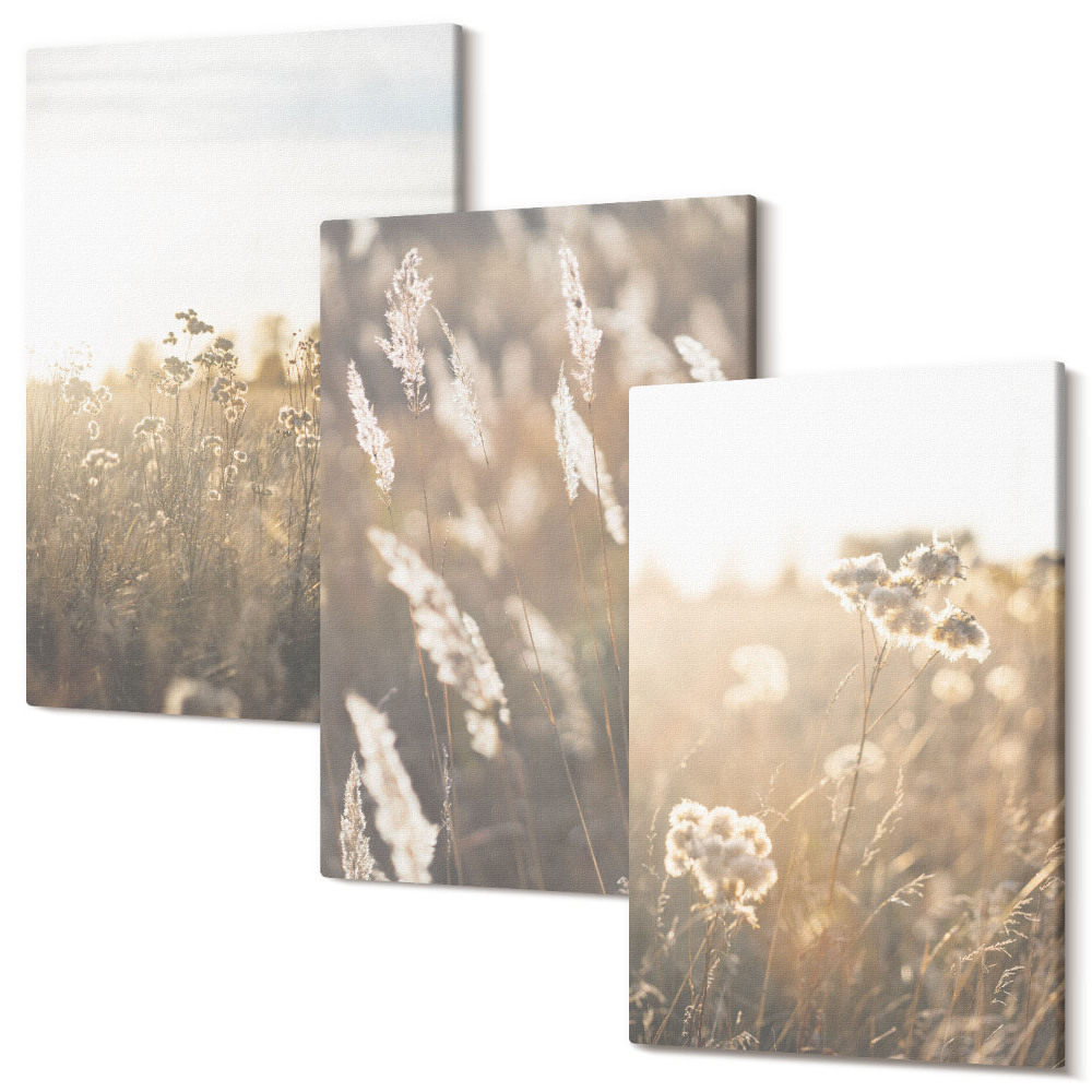 Falikép szett triptichon Egy táj fűvel és virágokkal meleg árnyalatokban