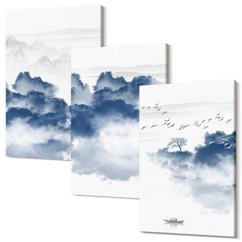 Falikép szett triptichon Felhő hegyek fákkal és madarakkal a háttérben