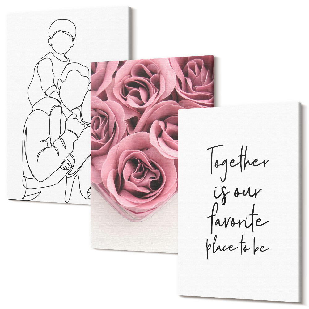 Háromrészes vászonkép szett Családi vonalas rózsacsokrok felirat otthon